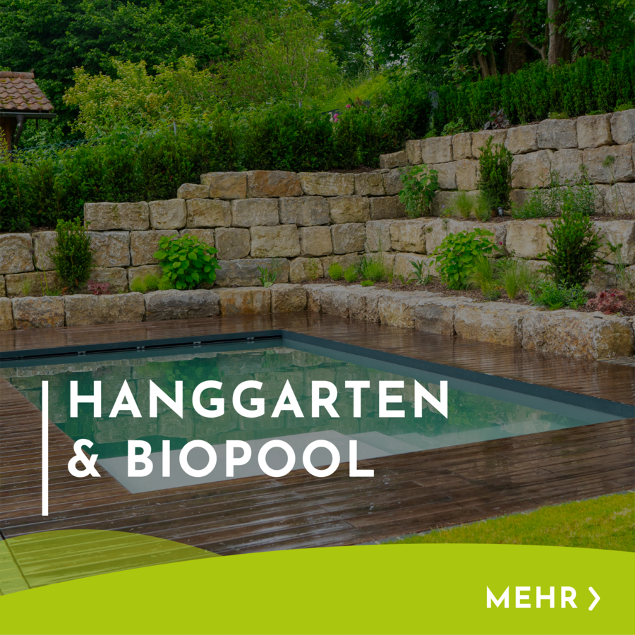 Menükachel mit Hinweis und Verlinkung zum Hanggarten und Biopool. Ein Kundenprojekt.