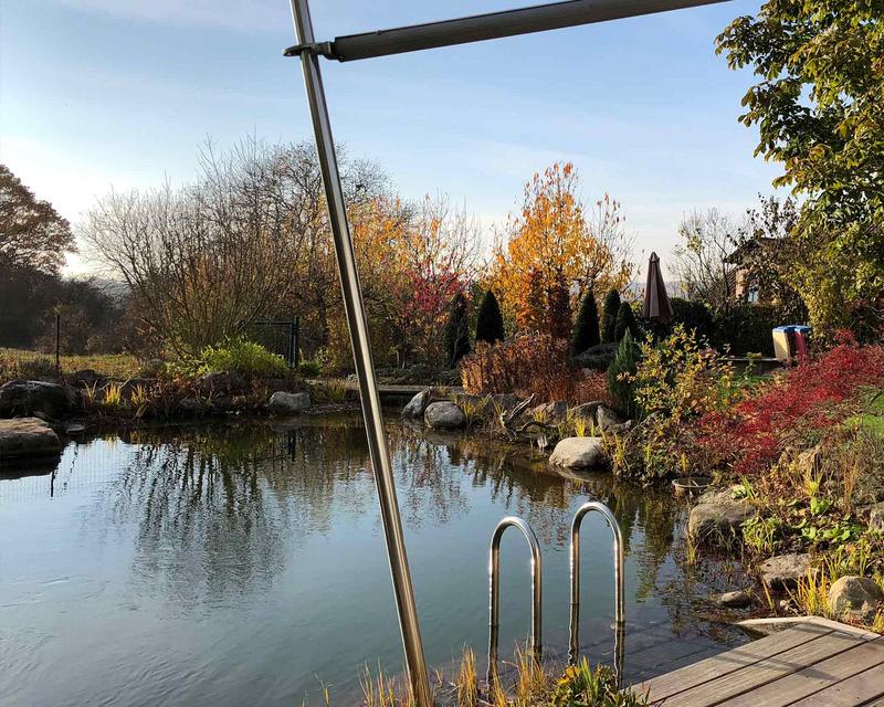 Blick über einen herbstlichen Garten mit Schwimmteich und Sonnensegel