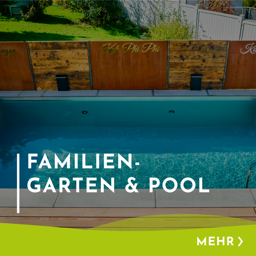 Menükachel mit Hinweis und Verlinkung zum Familiengarten mit Pool. Ein Kundenprojekt.
