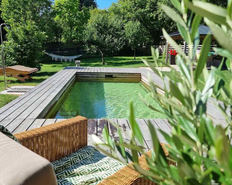 sommerlicher Garten mit einem Biopool und Holzterrasse